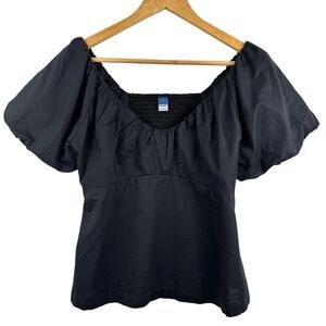 Old Navy Womens Top Small Black Puff Sleeve Stretch Smock Peasant Cottage Boho